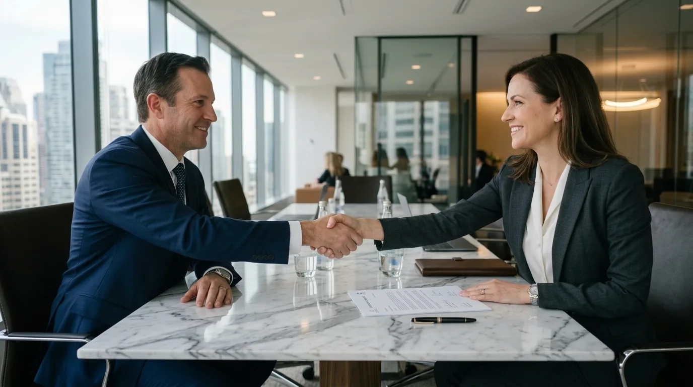 Executives shaking hands on a new lead partnership