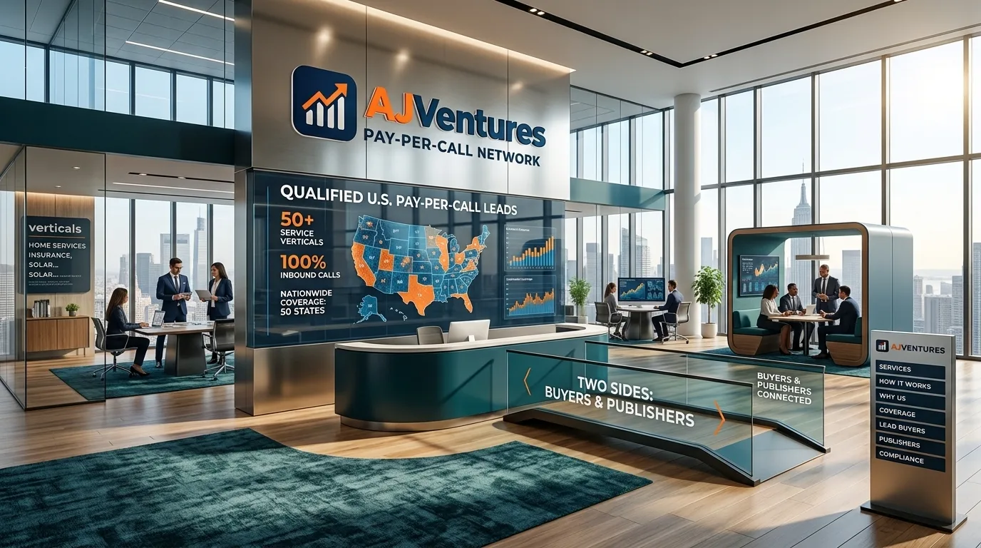 AJ Ventures headquarters with pay-per-call network dashboard and 50-state coverage map