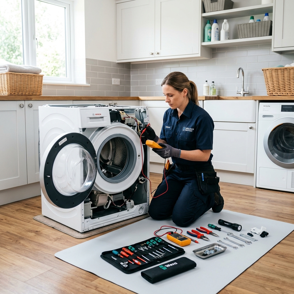 Appliance repair technician fixing washing machine