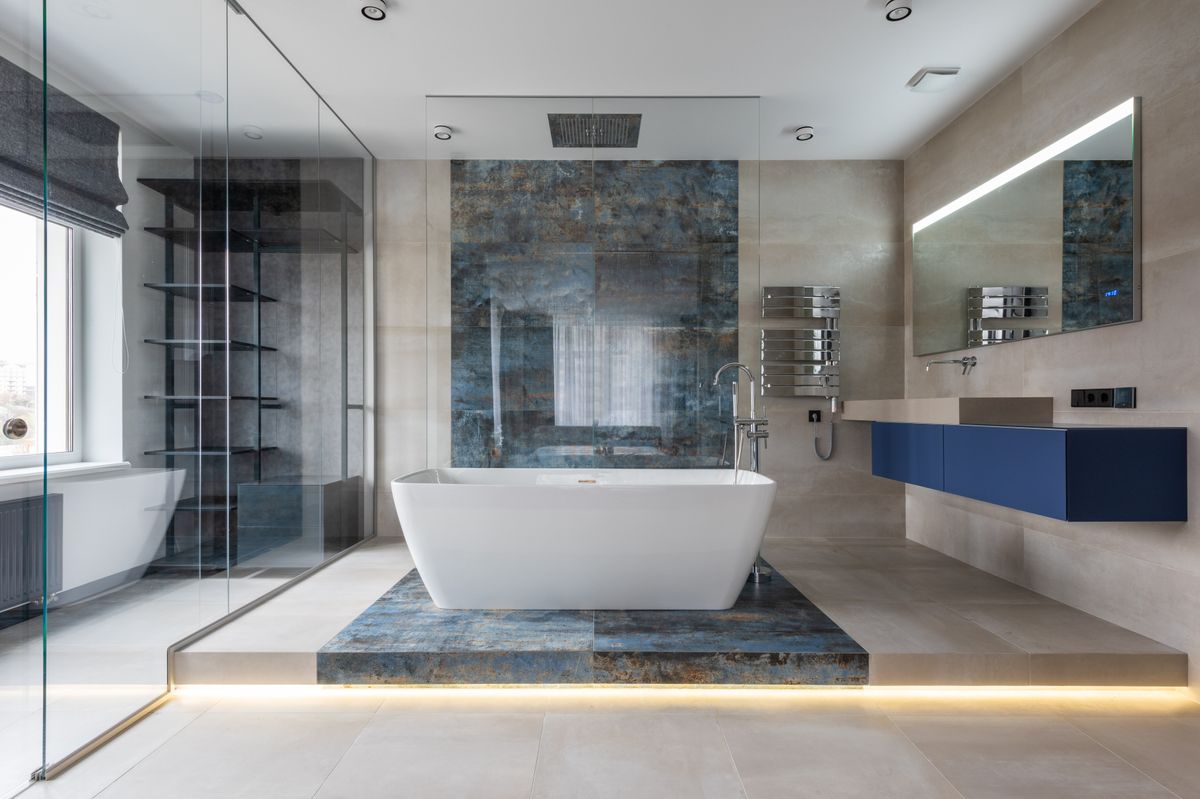 Modern remodeled bathroom with freestanding tub