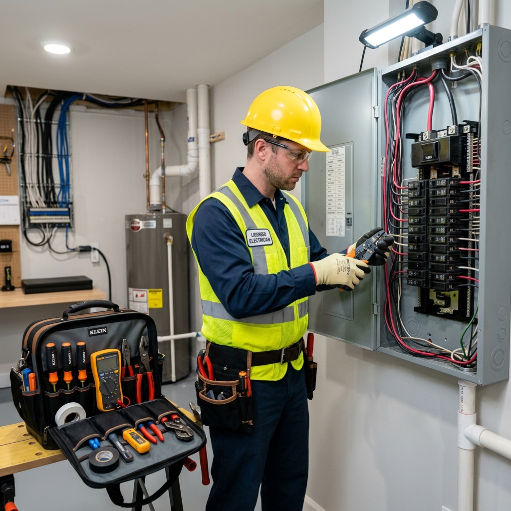 Electrician working on electrical panel