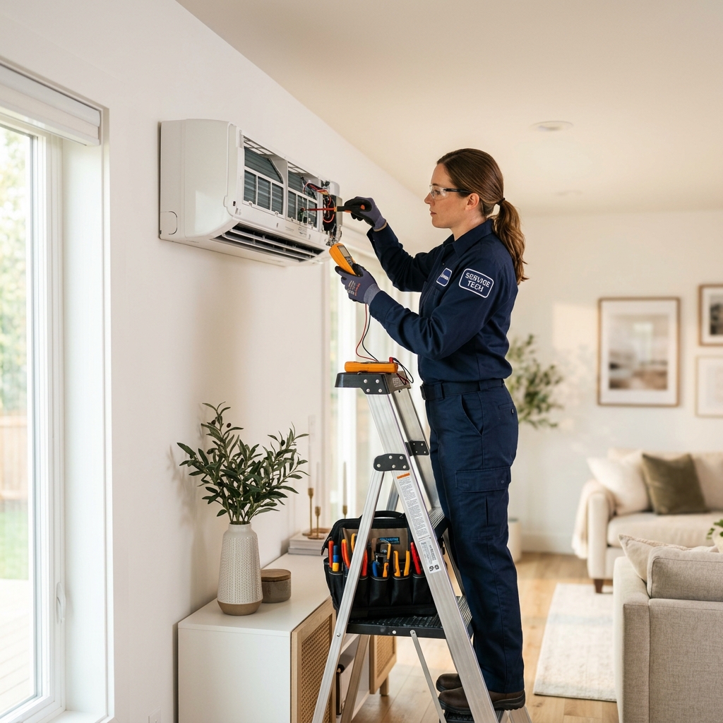 HVAC technician servicing air conditioning unit