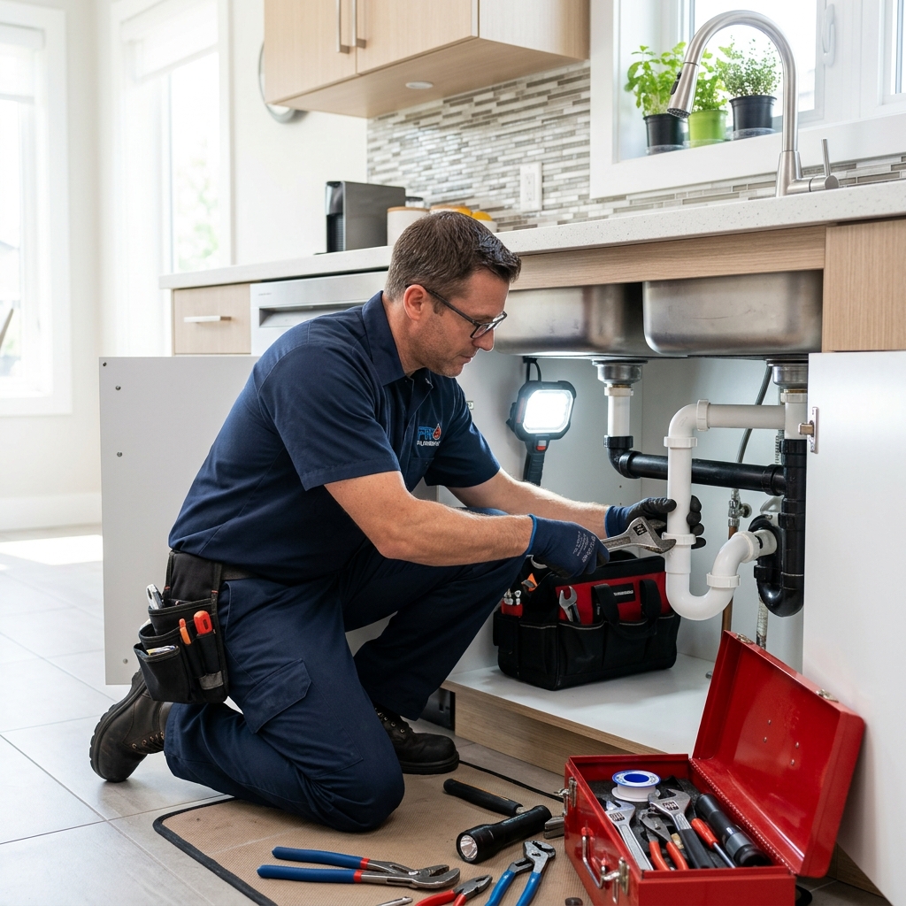 Professional plumber fixing pipes
