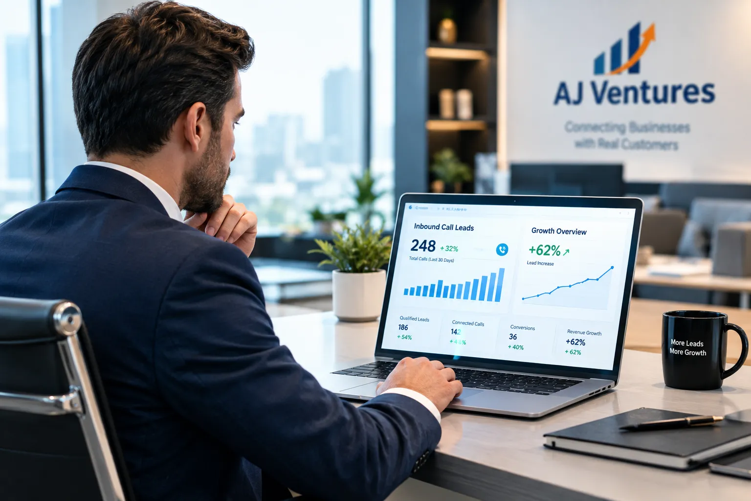Business owner reviewing inbound call and revenue growth dashboard