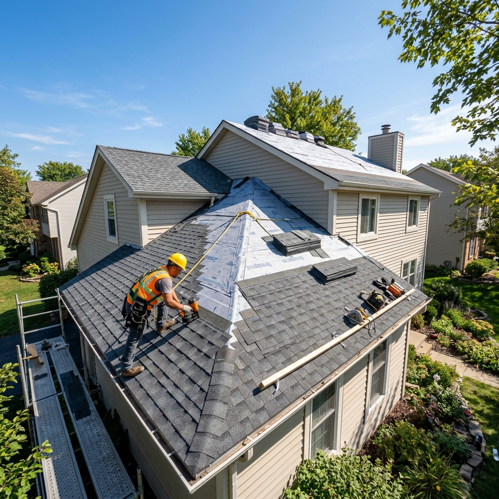 Roofer installing shingles on residential home